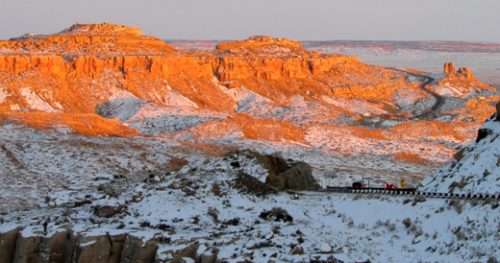 Second Mesa in winter--notice there are 2 villages on top of sunlit cliffs. photo by Sandra Cosentino