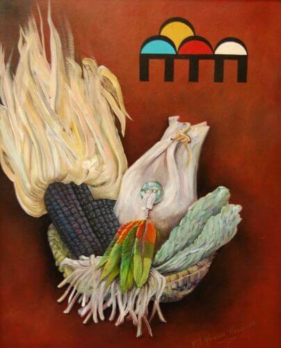 Painting by Filmer Kewanyama called Hopi Faith shows a woven basket with sacred blessing items such as corn, herbs and feathers and represents faith in the future.