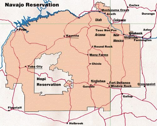 Map showing Hopi Reservation surrounded by Navajo lands in northeastern Arizona.