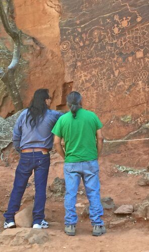 Hopis visit V Bar V rock art panel, on of their sacred ancestor sites