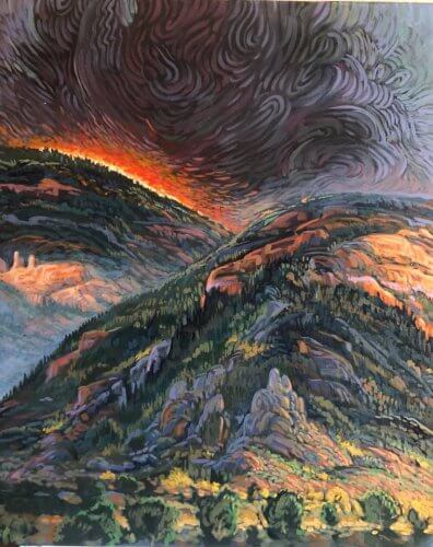 Shonto Begay painting Cresting Inferno shows a wildfire in the open plateau lands approaching a prehistoric village site.