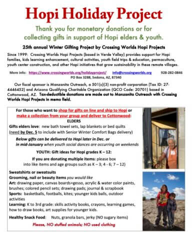 Hopi Holiday Project poster 2023-24 inviting monetary donations, or shop and ship, or group gift collection for delivery to Cottonwood